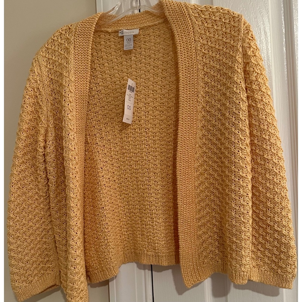 Chicos Gigi Texture Cardigan Sweater Raffia Yellow Open Front Knit  00 NWT